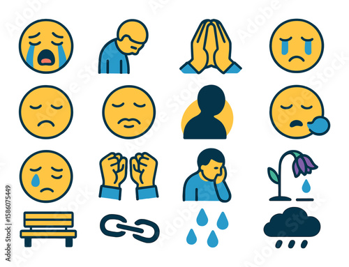 Grief expressions modern flat style. crying face, bowed head, folded hands, tear streaks, closed eyes, trembling lips, sad shadow, heavy sigh, silent tear, clenched fists