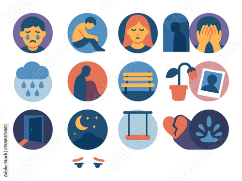 Emotional scenes modern flat style. person crying, slumped shoulders, closed eyes, hands covering face, rain falling, shadow on wall, empty park bench, wilting plant