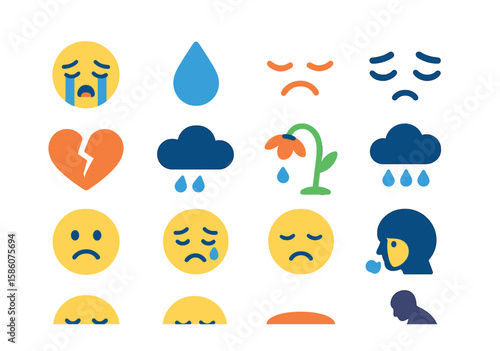Sadness expressions modern flat style. crying face, teardrop, frowning mouth, downcast eyes, broken heart, gloomy cloud, wilted flower, rain, sad emoji, drooping eyelid