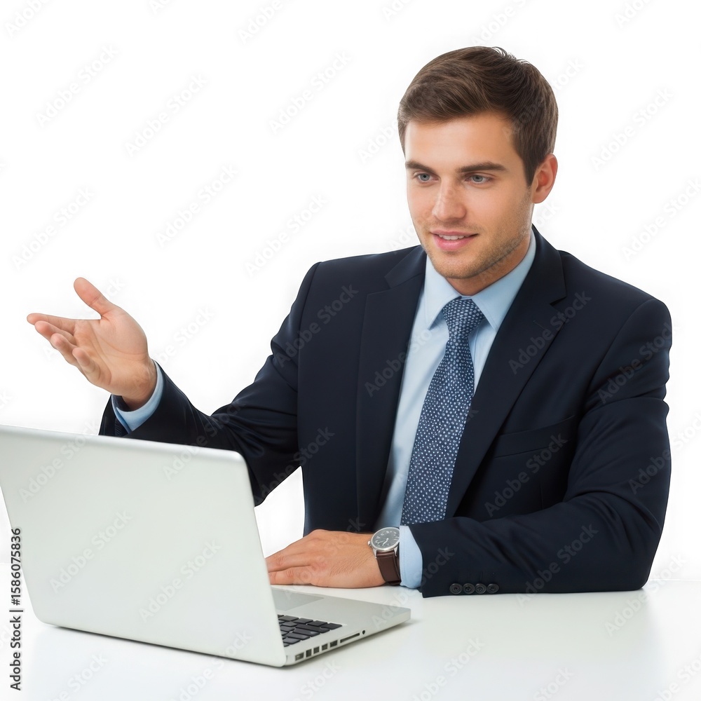 Young businessman in a suit presenting ideas while using a laptop Young businessman in a suit presenting ideas while using a laptop