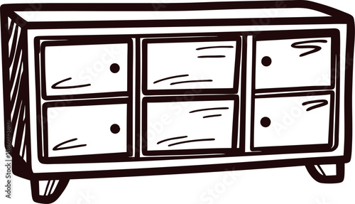 Hand drawn wooden sideboard cabinet with four drawers illustration in vintage engraved