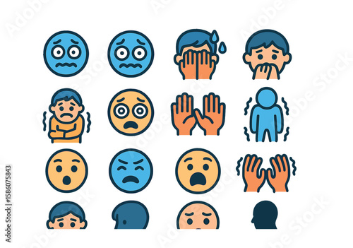 Emotional expressions of fear modern flat style. scared face, wide eyes, trembling lips, sweating forehead, hiding face, biting nails, shivering body, panic eyes, scared