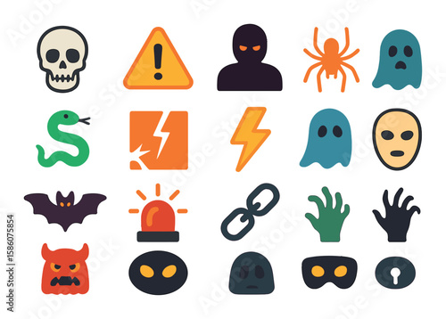 Symbols of fear and danger modern flat style. skull, warning sign, dark shadow, spider, snake, broken glass, lightning bolt, ghost, bat, alarm bell, siren, chains, mask
