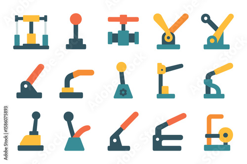 Industrial and machine levers modern flat style. hydraulic lever, control lever, valve lever, lever arm, lever switch, lever handle, toggle lever, mechanical lever, lever