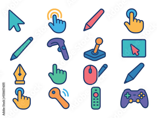 Interactive device pointers modern flat style. mouse pointer, touch pointer, stylus, touchscreen tap, pen stylus, VR controller pointer, joystick pointer, touchpad