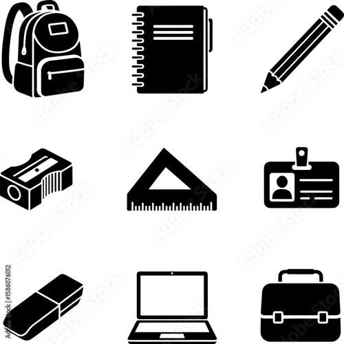 Student essentials icon set featuring back to school supplies and academic symbols, transparent background