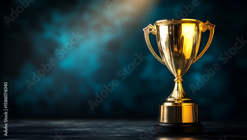 Golden Trophy With Handles On Dark Blue Background
