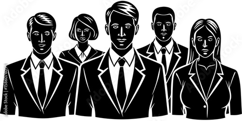 Silhouettes of corporate employees lined up in a front view, wearing formal attire.

