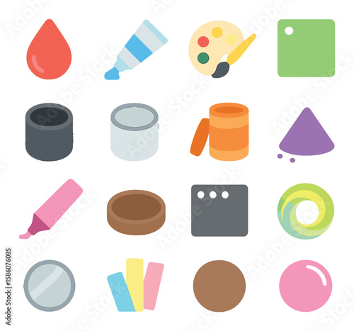 Colors and pigments modern flat style. red, blue, yellow, green, black, white, orange, purple, pink, brown, gray, neon, metallic, pastel, matte, glossy.