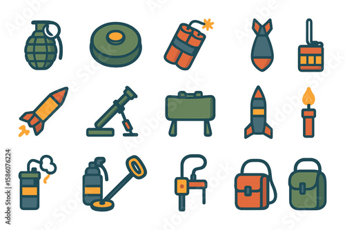 Explosives and ordinance modern flat style. grenade, landmine, dynamite, bomb, rocket, mortar, claymore, C4, smoke grenade, tear gas, missile, flare, fuse, detonator