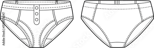 en's underwear vector, front and back view, fashion design template, garment pattern, technical sketch, clothing blueprint, stylish briefs illustration