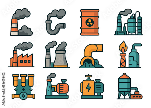 Industrial pollution equipment modern flat style. smokestack, exhaust pipe, chemical barrel, oil refinery, factory, cooling tower, wastewater pipe, gas flare, filtration