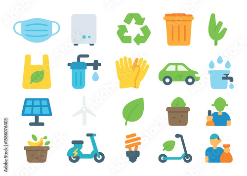 Pollution prevention tools modern flat style. face mask, air purifier, recycling symbol, trash bin, biodegradable bag, water filter, protective gloves, eco-friendly car