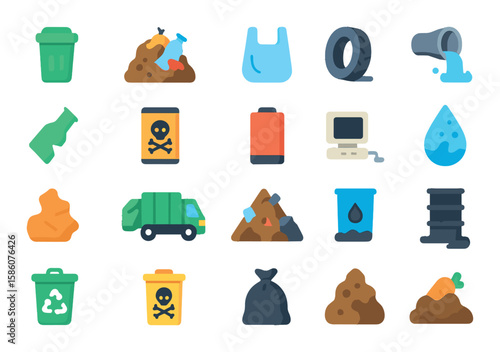 Water pollution elements modern flat style. oil spill, plastic bottle, chemical barrel, sewage pipe, dead fish, algae bloom, garbage dump, wastewater treatment, river