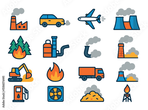 Air pollution sources modern flat style. factory smokestack, car exhaust, airplane contrail, power plant, burning forest, chemical plant, exhaust pipe, chimney smoke