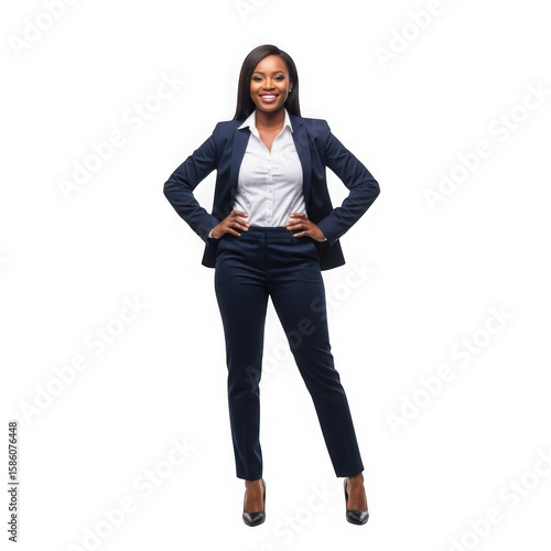 Confident black woman in a navy blue business suit standing with hands on hips