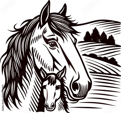 Mother horse with foal in pastoral landscape, vintage engraving black and white illustration