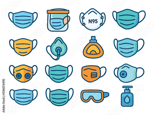 Medical and health masks modern flat style. surgical mask, face shield, N95 mask, hospital mask, pediatric mask, oxygen mask, anesthesia mask, dental mask, anti-pollution