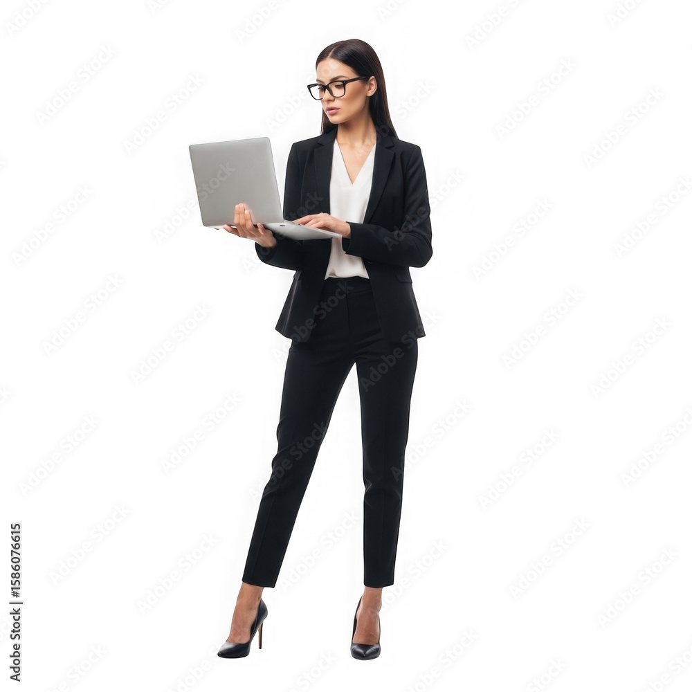 Focused businesswoman in a suit holding and using a laptop computer Focused businesswoman in a suit holding and using a laptop computer