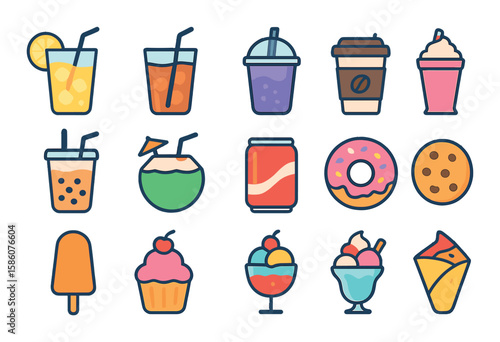 Street food drinks and desserts modern flat style. lemonade, iced tea, smoothie, coffee cup, bubble tea, coconut drink, soda can, milkshake, popsicle, cupcake, doughnut