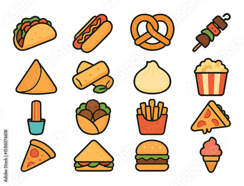 Street food snacks modern flat style. taco, hot dog, pretzel, kebab, samosa, spring roll, dumpling, popcorn, churro, falafel, corn on the cob, french fries, pizza slice
