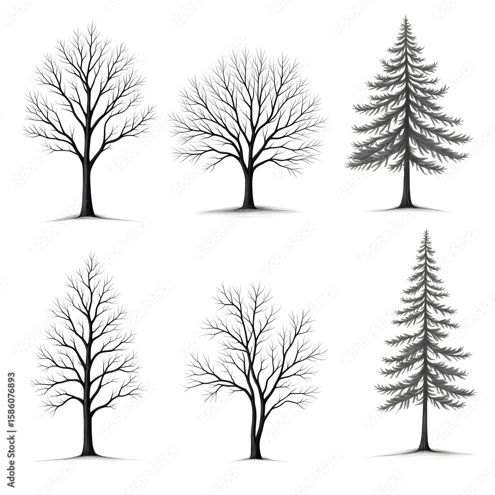 Fototapeta premium Set Of Tree Silhouettes With Bare Branches And Evergreen Pine Trees