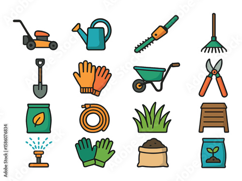 Garden and outdoor maintenance modern flat style. lawn mower, watering can, hedge trimmer, rake, shovel, gloves, wheelbarrow, pruning shears, fertilizer bag, hose, gloves