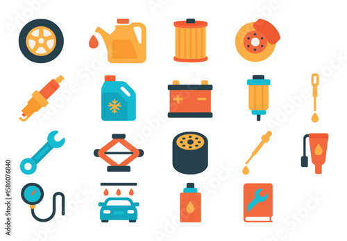 Vehicle maintenance items modern flat style. tire, engine oil, air filter, brake pad, spark plug, coolant bottle, battery, fuel filter, wrench, jack, oil filter, dipstick