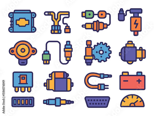 Engine control and electronics modern flat style. ECU, wiring harness, sensors, ignition coil, throttle position sensor, oxygen sensor, crankshaft sensor, camshaft sensor