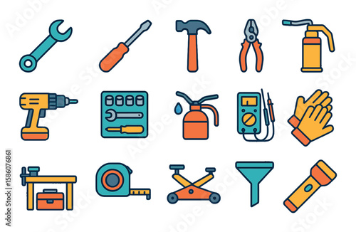 Maintenance tools and equipment modern flat style. wrench, screwdriver, hammer, pliers, drill, socket set, oil can, grease gun, safety gloves, measuring tape, multimeter