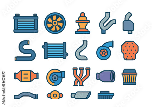 Engine cooling and exhaust systems modern flat style. radiator, cooling fan, thermostat, water pump, coolant hose, intercooler, exhaust pipe, muffler, catalytic converter