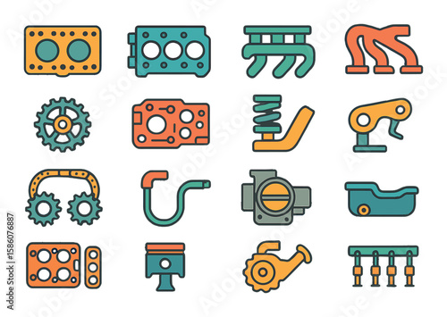 Engine assembly and parts modern flat style. cylinder head, engine block, intake manifold, exhaust manifold, camshaft gear, crankcase, valve spring, rocker arm, timing