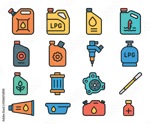 Engine fuel and fluids modern flat style. gasoline can, diesel can, oil bottle, coolant bottle, brake fluid, transmission fluid, fuel injector, LPG tank, ethanol bottle