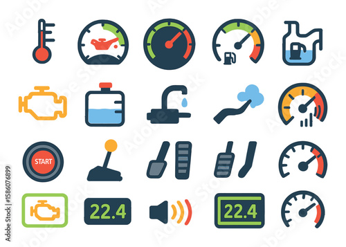 Engine operation and monitoring modern flat style. temperature gauge, oil pressure gauge, tachometer, fuel gauge, check engine light, coolant reservoir, exhaust pipe