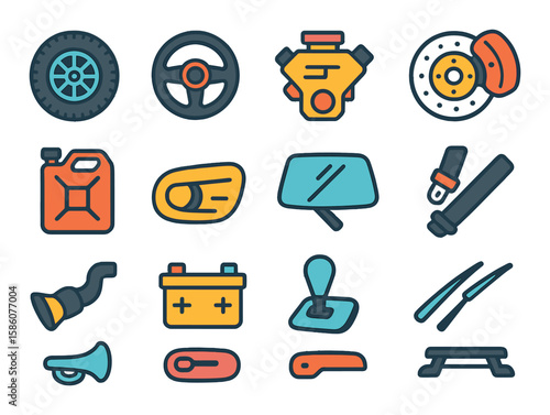 Vehicle parts and accessories modern flat style. tire, steering wheel, engine, brake disc, fuel tank, headlight, windshield, seatbelt, exhaust pipe, battery, gear shift