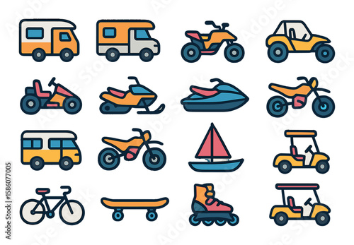 Recreational vehicles modern flat style. RV camper, motorhome, ATV, dune buggy, go-kart, snowmobile, jet ski, quad bike, camper van, dirt bike, sailboat, kayak, bicycle