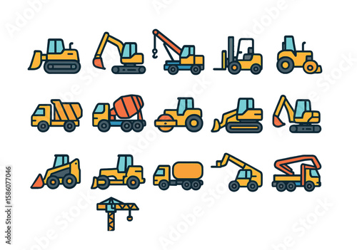 Construction and heavy vehicles modern flat style. bulldozer, excavator, crane, forklift, dump truck, cement mixer, road roller, backhoe, skid steer, loader, grader