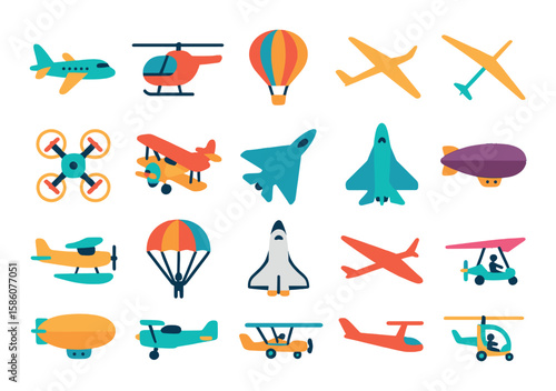 Air vehicles modern flat style. airplane, helicopter, hot air balloon, glider, drone, biplane, fighter jet, blimp, seaplane, parachute, space shuttle, ultralight, airship