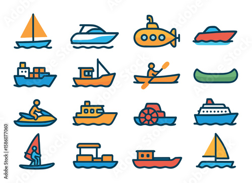 Water vehicles modern flat style. sailboat, yacht, submarine, speedboat, cargo ship, fishing boat, kayak, canoe, jet ski, ferry, paddle boat, cruise ship, sailboard