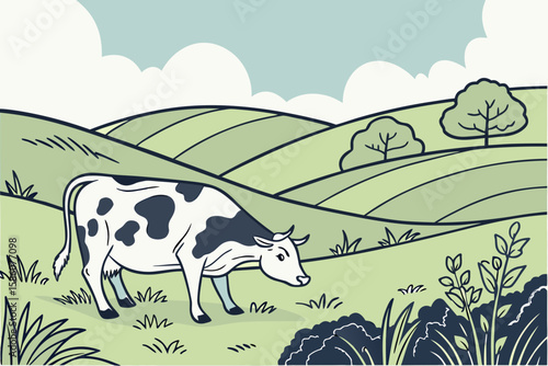 Black and white cow grazing in green rolling hills landscape
