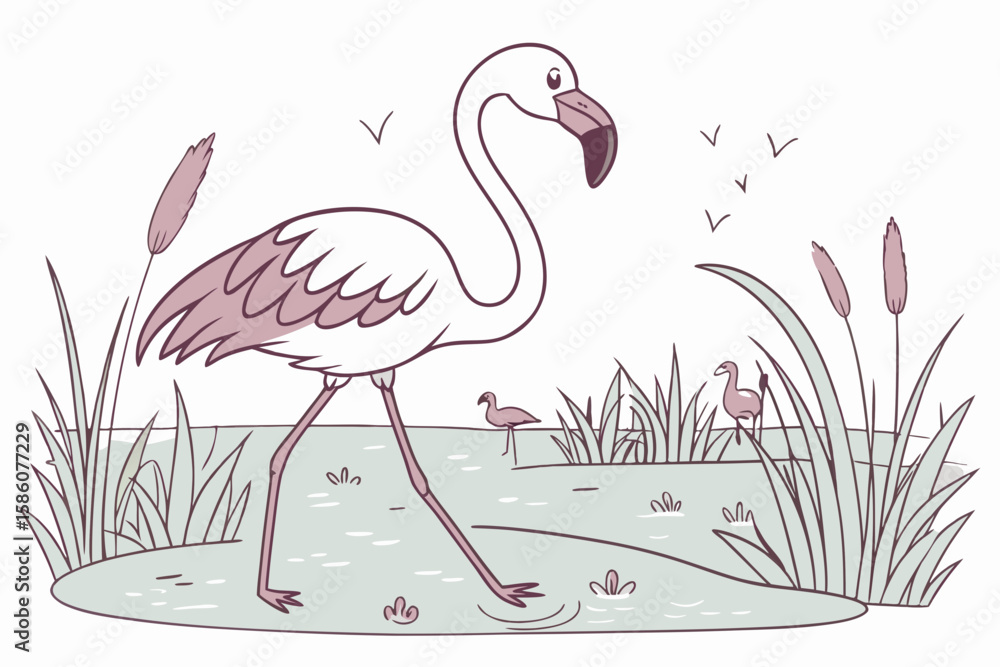 Naklejka premium Cartoon flamingo wading in shallow water with reeds