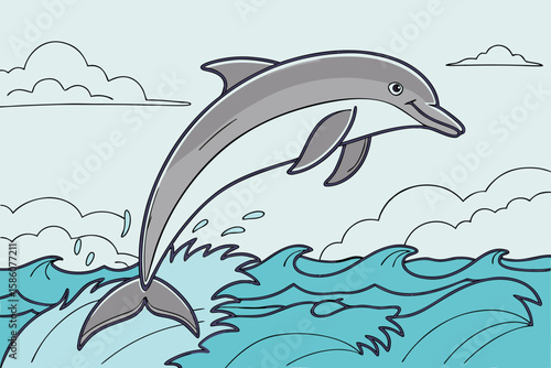 Cartoon dolphin leaping out of blue ocean waves jumping