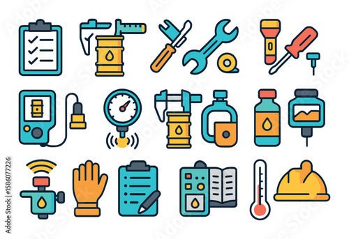 Oil barrel maintenance and inspection modern flat style. inspection checklist, measuring tools, wrench, screwdriver, flashlight, oil tester, pressure gauge, calibration