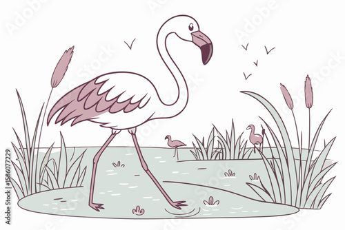 Cartoon flamingo wading in shallow water with reeds