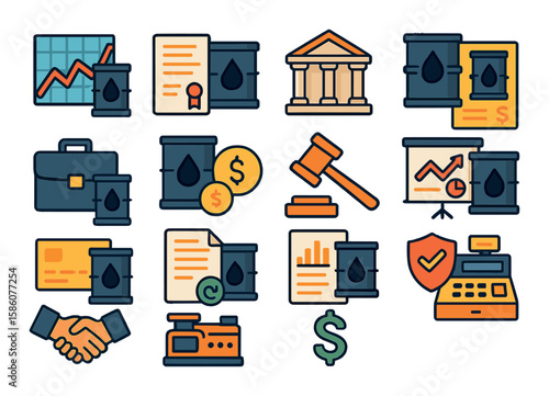 Oil barrel industry and economy modern flat style. stock market chart, contract, bank, invoice, briefcase, investment, auction hammer, receipt, market graph, credit card