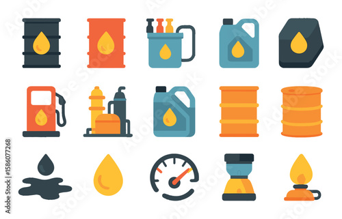 Oil barrel usage and products modern flat style. crude oil barrel, gasoline barrel, diesel barrel, lubricants, asphalt, petrochemical, fuel pump, oil refinery, engine oil