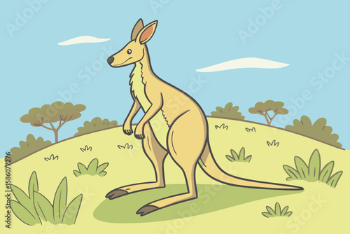 Cartoon Kangaroo Standing in Grassy Field marsupial