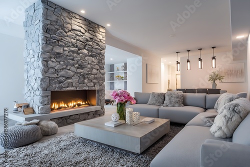Fototapeta Naklejka Na Ścianę i Meble -  A modern basement living room, featuring a sleek stone fireplace, minimalist decor, and subtle lighting, creating a chic and inviting space for relaxation.