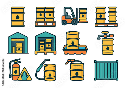 Oil barrel storage and handling modern flat style. oil barrel, storage rack, forklift, pallet, loading dock, warehouse, spill containment, safety valve, fire extinguisher