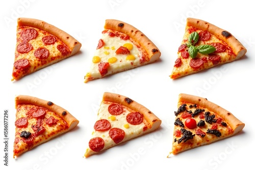 Collection of slide of pizza isolated on white background. Italian food. Fast food concept
